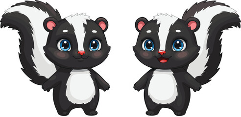 Cute cartoon skunk characters with big blue eyes, adorable expressions, fluffy tails, black and white fur, isolated on white background, vector illustration