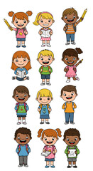 Pixelated Illustration of Happy School Children with Backpacks and Pencils