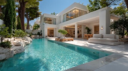 Fototapeta premium Modern villa with pool, sunlit patio