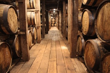 Bourbon Barrels in Rickhouse. Wooden Casks Stacked in Winery Cellar