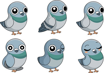 Cute cartoon pigeon character set, adorable city bird illustration, simple flat design, funny pigeon poses, vector clip art collection