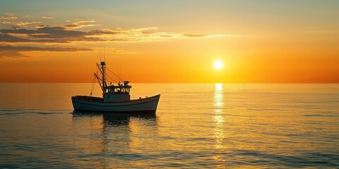 Fototapeta premium A small fishing boat gliding across calm ocean waters as the sun sets on the horizon