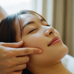 Asian woman enjoying a relaxing facial massage treatment at a spa