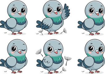 Cute cartoon pigeon character set, happy bird illustrations, adorable animal mascot, playful pigeon poses, kid-friendly vector art, smiling pigeon collection