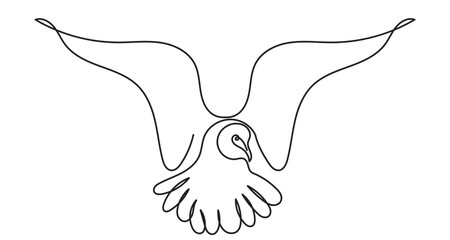Continuous line drawing of a bird in flight, featuring outstretched wings and a graceful, curved body. The simple line art  Bird symbol of peace and freedom. Flying bird isolated on a white background