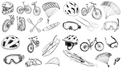 Obraz premium Hand-drawn sketch illustration of outdoor sports equipment including bicycles, helmets, kayaks, and goggles, perfect for adventure, travel, and activity concepts.