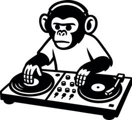 DJ Monkey Illustration, Funky Chimpanzee DJ Art, Monkey with Turntables
