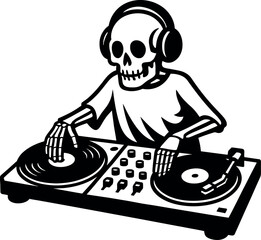DJ Skeleton Illustration, Skull DJ with Turntables, Skeleton Music Mixer
