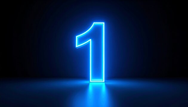 Glowing neon blue number one on dark background (2)