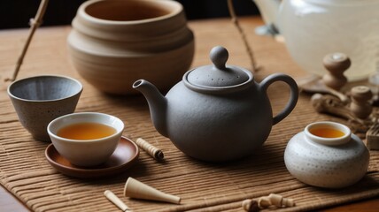 Ceramic Teapot and Loose Leaf Tea Set with Incense Holder on Natural Textured Mat