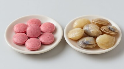 Obraz premium Comparison of vitamin B12 tablets and raw clam meat on glossy plates in clinical setting