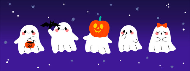 Cute Halloween Ghosts Vector Illustration Landscape Banner
