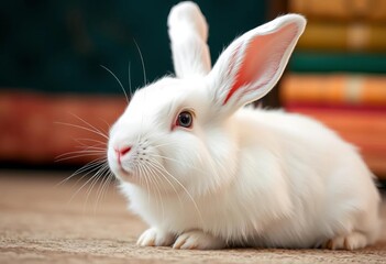 Obraz premium A pristine white rabbit, fluffy fur, long ears, pink nose, calm, stock photo