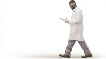 A scientist in a lab coat and safety goggles, walking with lab notes, isolated subject, white background