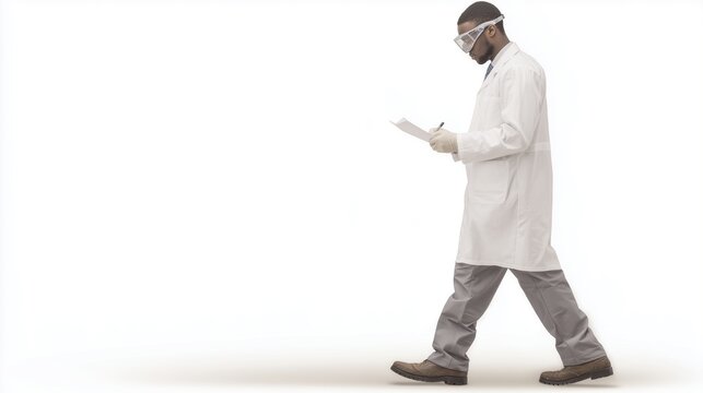 A scientist in a lab coat and safety goggles, walking with lab notes, isolated subject, white background