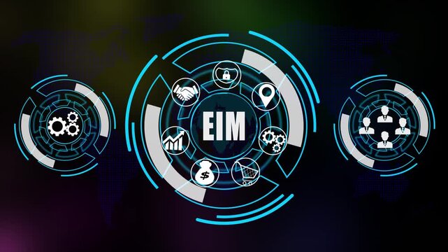 &ldquo;Futuristic EIM Technology Animation Featuring Digital Finance Icons, Data Analytics, Online Banking and Global Financial Network Interface on Dark Tech Background with World Map"