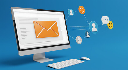 Digital communication network with email and social media icons computer monitor