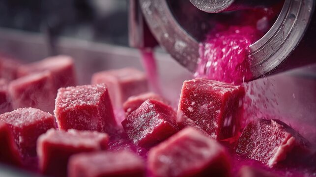 Stainless-steel grinder processes organic pork with sodium nitrite solution in Guadalajara