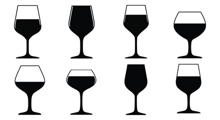 Collection of Wine Glasses Silhouettes for Wine Tasting or Bar Menu Design, Flat vector