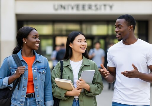 Diverse students smiling and talking on university campus