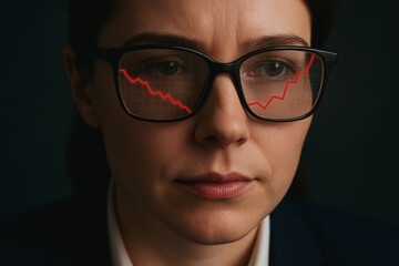 Business comeback reflected in glasses with red graph line showing recovery and determination