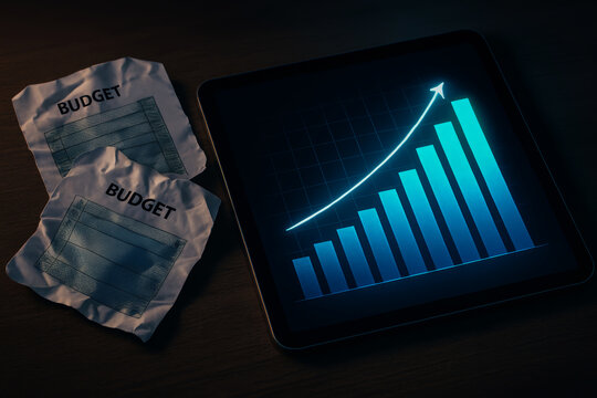 Business comeback shown by rising graph on tablet with budget face masks on wooden table - Powered by Adobe