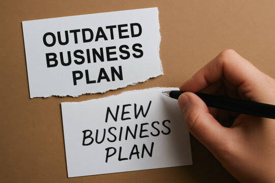 Business comeback concept with outdated business plan and new business plan on brown background