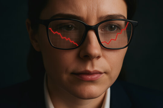 Business comeback reflected in glasses with red graph line showing recovery and determination