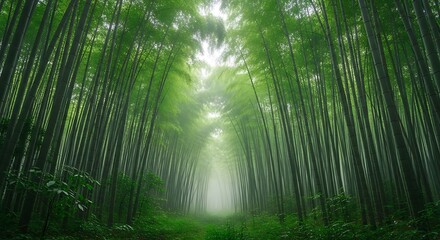 Fototapeta premium Sunlight filtering through a dense lush green bamboo forest path creating a serene natural landscape