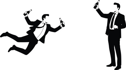 Silhouette of businessmen holding guns, action combat illustration, flying and standing poses, armed corporate spy concept, vector business fight scene, crime danger weapon graphic design.