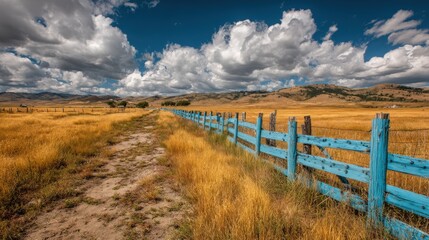 Obraz premium Farmers placing fly traps along a blue wooden fence in a golden pasture