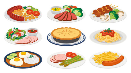 A set of 9 illustrated food dishes arranged in a 3x3 grid against a white backgroun