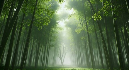 Enchanting Bamboo Forest Illuminated by Ethereal Sunlight Creating a Magical Atmosphere