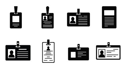 Collection of Black and White ID Badge Icons in Various Styles and Formats, Flat vector