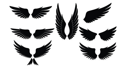 Collection of Black Silhouette Wing Illustrations for Graphic Design and Tattoo Art, Flat vector