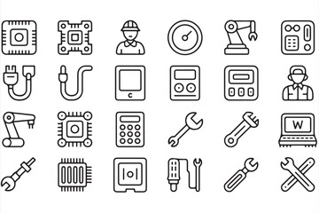 Naklejka premium Black and White Icons of Digital Tools, Chips, and Control Panels