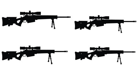 Sniper Rifle Silhouettes Four Precision Weapons Against a White Background, Flat vector