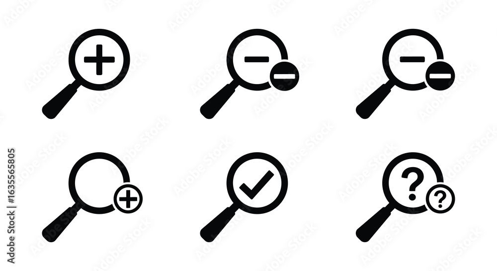 Poster magnifying glass icon set with plus minus checkmark and question mark symbols, flat vector