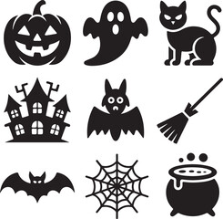 Obraz premium Set of classic black Halloween icons. Vector collection of spooky symbols including jack-o'-lantern, ghost, cat, and haunted house.