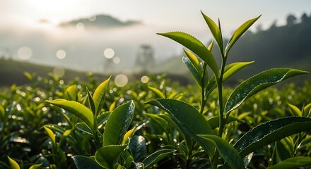 Fototapeta premium Vibrant green tea leaves glistening with morning dew on a misty hillside plantation at sunrise