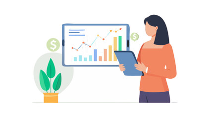 Business growth analysis and financial data review by woman with tablet for investment strategy planning