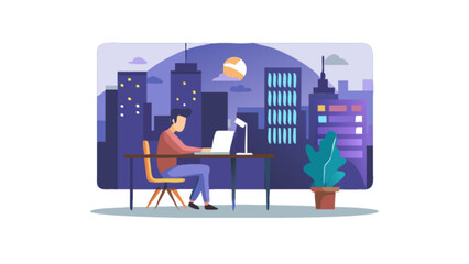 Remote work at night cityscape vector illustration for freelancer lifestyle and digital nomad concept design