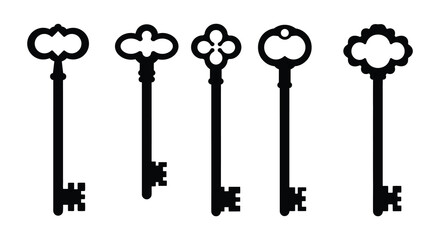 Collection of Five Ornate Skeleton Keys in Black Silhouette on White Background, Flat vector