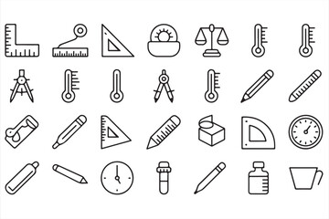 Outline School Supplies Icons Featuring Rulers, Pencils, and Thermometers

