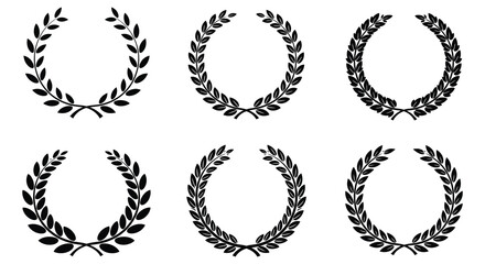 Collection of Six Oval Laurel Wreaths in Black Silhouette Isolated on White, Flat vector