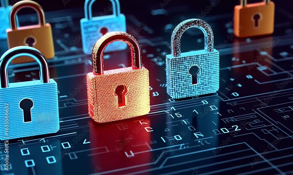 Poster a digital illustration depicting multiple padlocks in shades of blue and red, representing data secu
