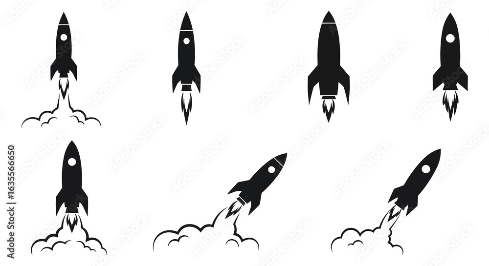 Poster set of rocket launching icons in a minimalist style for graphic design, flat vector