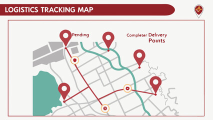 Logistics and supply chain delivery tracking map with pending and completed points for business operations