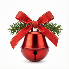 Red Christmas bell with bow and pine branch on white background  