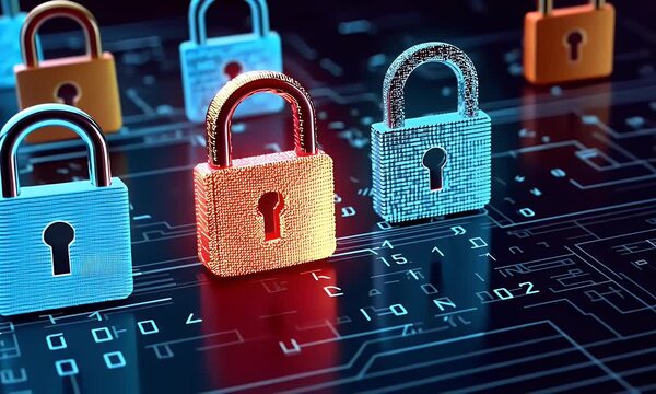 
A digital illustration depicting multiple padlocks in shades of blue and red, representing data security. The background is filled with binary code to symbolize the technological aspect.